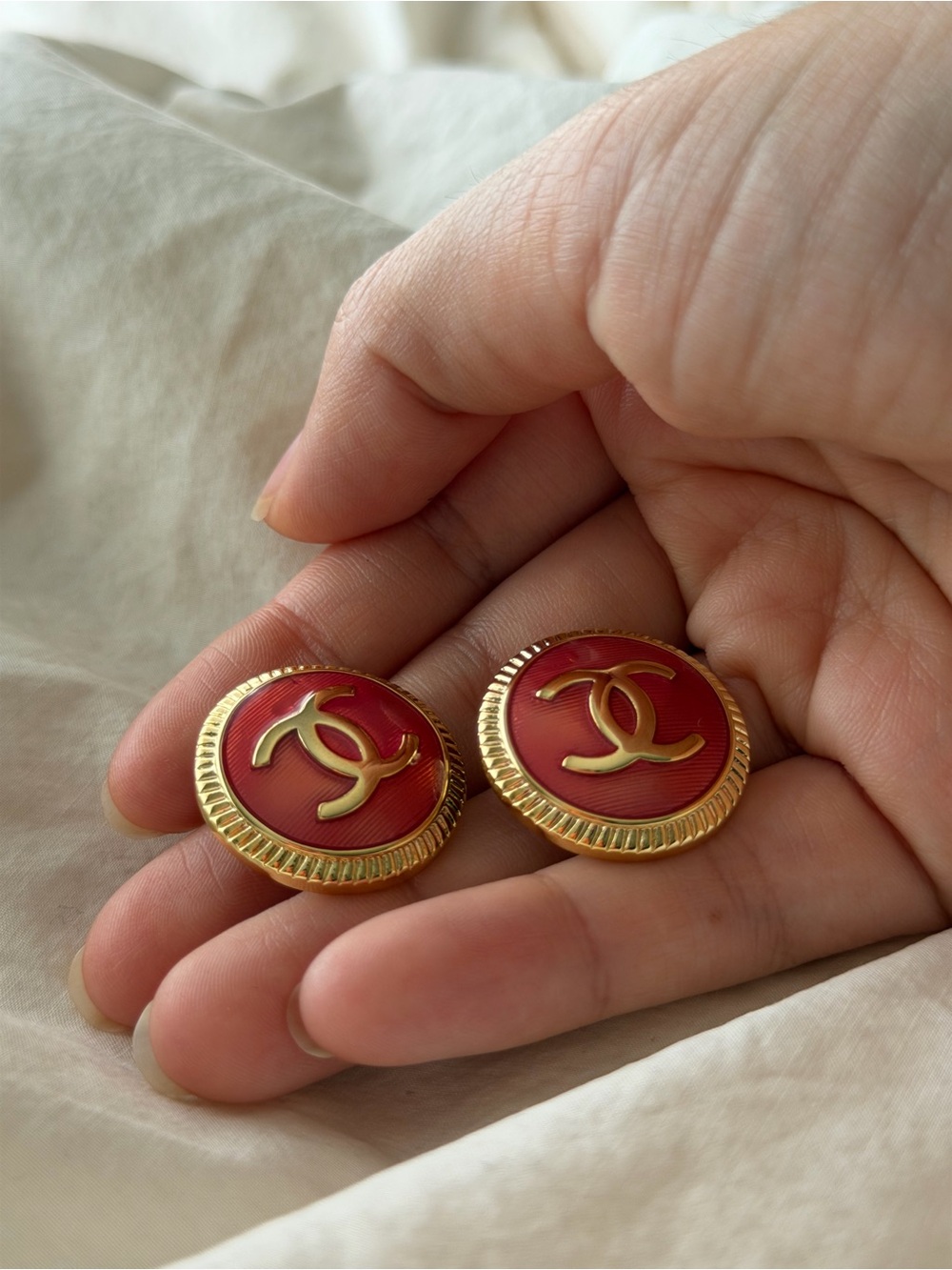 CHANEL Gold-Tone CC Pinkish Red Enamel Earrings - Picture 7 of 14